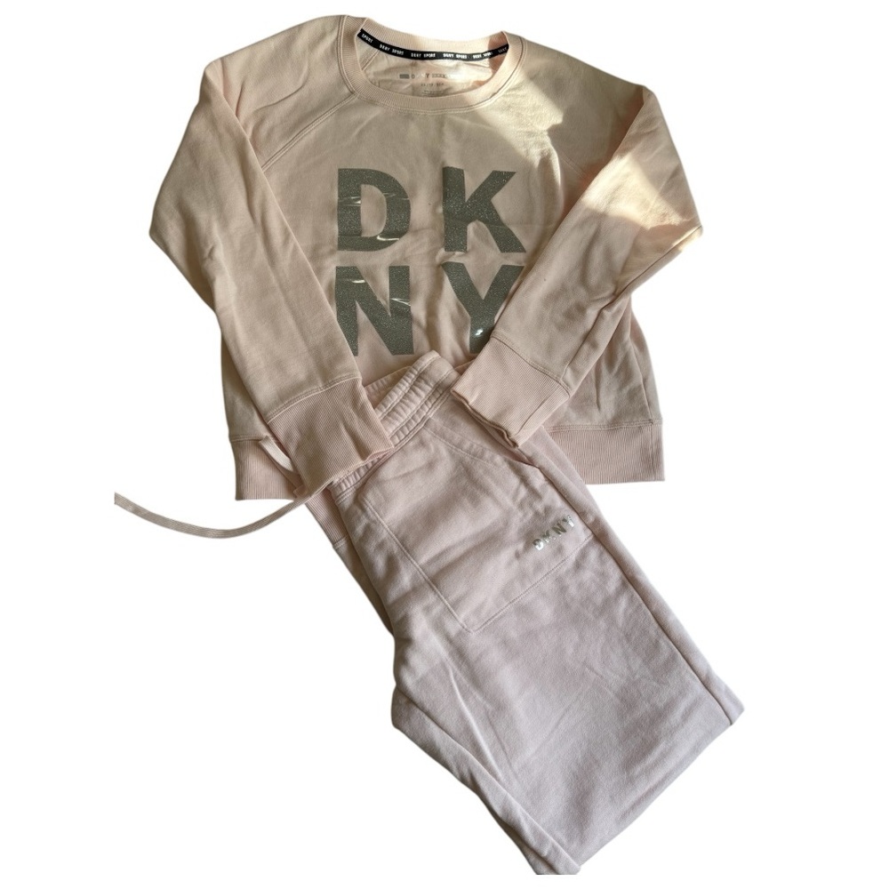 DKNY Pale Pink with Sparkle Logo Pullover Crew Neck & Sweatpants Set